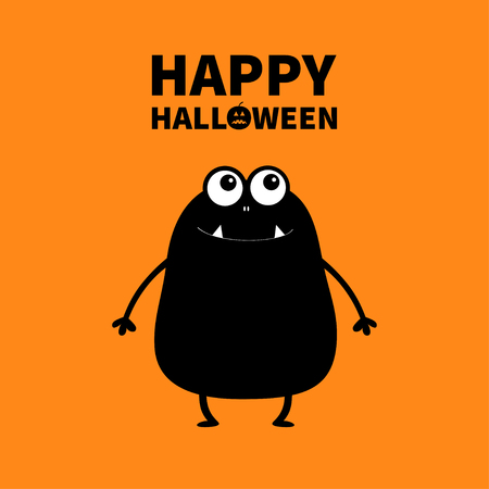 Happy Halloween. Monster black silhouette looking up. Wall shadow shade. Two eyes, teeth fang, spooky hands up. Funny Cute cartoon baby character. Flat design. Orange background. Vector illustrationのイラスト素材