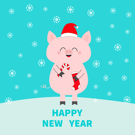 Happy New Year. Christmas. Pig holding candy cane, sock. Red Santa Claus hat. Cute funny cartoon character on snowdrift. Flat design. Blue winter background with snow flake. Vector illustrationのイラスト素材