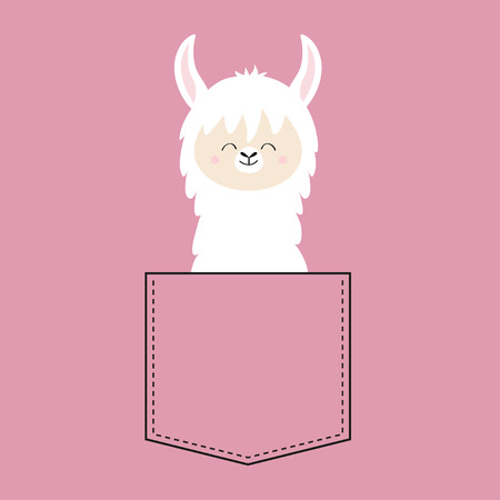 Alpaca llama face neck in the pocket. T-shirt design. Cute cartoon funny character. Kawaii animal. Love Greeting card. Flat design style. Pink background. Isolated. Vector illustrationのイラスト素材
