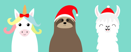 Llama alpaca, sloth face set. Red Santa hat. Merry Christmas. Happy New Year. Cute cartoon funny kawaii character. Greeting card, poster, banner print. Flat design. Blue background Vector illustrationのイラスト素材