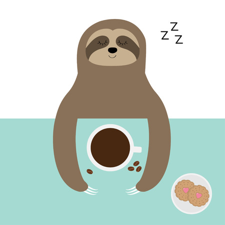 Sloth sleeping. I love coffee cup. Biscuit cookie. Sleep sign zzz. Teacup on table. Top aerial view. Cute cartoon lazy baby character. Wild jungle animal. Slow down. Blue background Flat design Vectorのイラスト素材