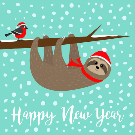 Happy New Year. Sloth hanging on rowan rowanberry sorb berry tree branch. Bullfinch bird. Santa hat. Merry Christmas. Cute cartoon funny baby character. Flat design. Blue snow background. Vectorのイラスト素材
