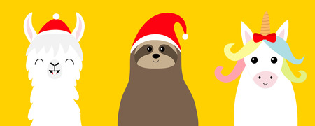 Llama alpaca, sloth face set in red Santa hat. Merry Christmas. Happy New Year. Cute cartoon funny kawaii character. Greeting card, poster, banner print. Flat design. Yellow background. Vectorのイラスト素材