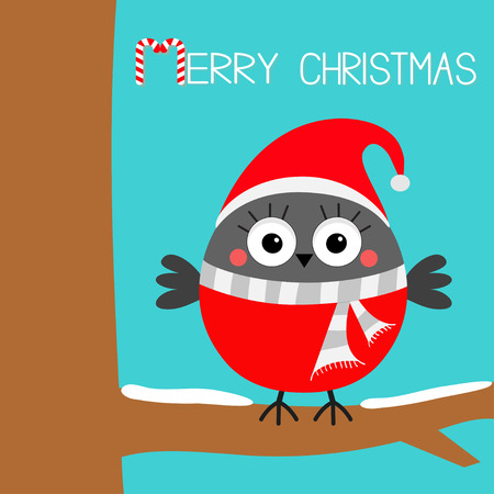 Merry Christmas. Bullfinch winter red feather bird sitting on tree branch. Santa hat, gray scarf. Greeting card. Candy cane. Cute cartoon baby character Flat design Blue background Vector illustrationのイラスト素材