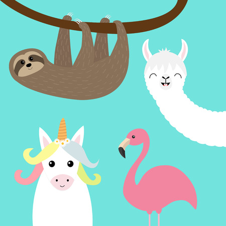Sloth, alpaca, llama, flamingo, unicorn set. Cute cartoon funny kawaii character. Childish baby collection. T-shirt, greeting card poster template print. Flat design Blue background. Vectorのイラスト素材