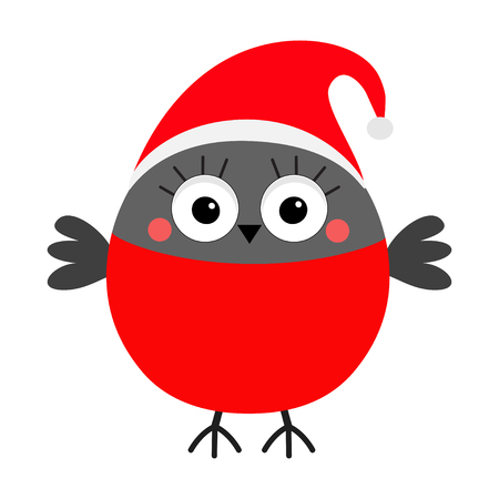 Bullfinch winter red feather bird wearing Santa hat. Merry Christmas. New Year. Greeting card. Cute cartoon kawaii funny baby character. Flat design. White background. Isolated. Vector illustrationのイラスト素材