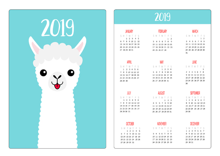 Llama alpaca face neck, tongue. Simple pocket calendar layout 2019 new year. Week starts Sunday. Cute cartoon character. Vertical orientation. Flat design. Blue background. Vector illustrationのイラスト素材