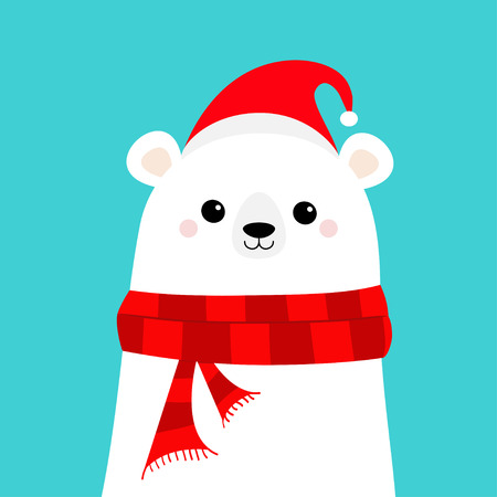 Polar white bear cub face in red Santa hat, scarf. Cute cartoon baby character. Happy New Year. Merry Christmas. Arctic animal. Flat design Hello winter. Blue background. Vector illustrationのイラスト素材
