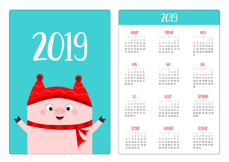 Simple pocket calendar layout 2019 new year. Pig wearing red winter hat and scarf. Hands up. Week starts Sunday. Cute cartoon character. Vertical orientation. Flat design. Blue background. Vectorのイラスト素材