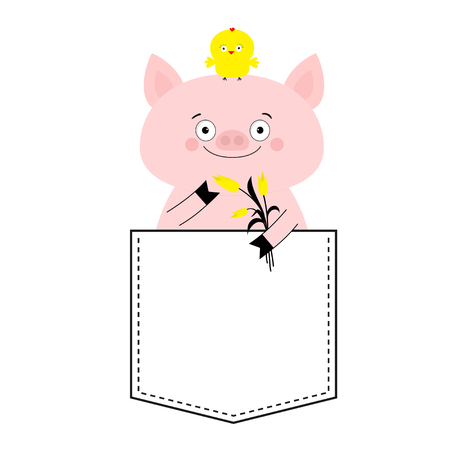 Pig face head in the pocket. Chicken bird, tulip. Cute cartoon animals. Piggy piglet character. Dash line. White and black color. T-shirt design. Baby background. Isolated. Flat design. Vectorのイラスト素材