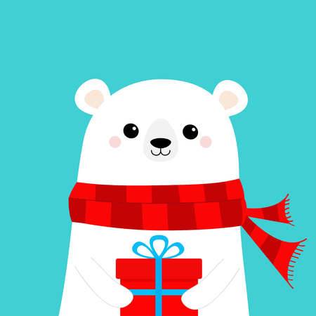 White polar bear cub face holding gift box present. Red scarf. Cute cartoon baby character. Happy New Year. Merry Christmas. Arctic animal. Flat design Hello winter Blue background Vector illustrationのイラスト素材