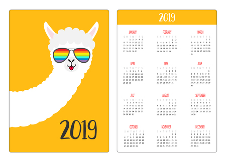 Alpaca llama animal face in rainbow glassess. Simple pocket calendar layout 2019 new year. Week starts Sunday. Cute cartoon character. Vertical orientation. Flat design. Yellow background. Vectorのイラスト素材
