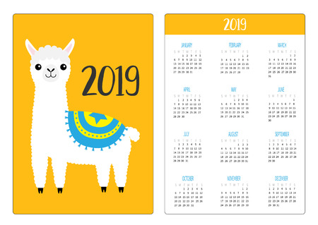 Cute alpaca llama standing. Simple pocket calendar layout 2019 new year. Week starts Sunday. Vertical orientation. Cartoon kawaii funny baby character Flat design Yellow background Vector illustrationのイラスト素材
