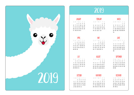 Llama alpaca face showing tongue, long neck. Simple pocket calendar layout 2019 new year. Week starts Sunday. Cute cartoon character. Vertical orientation. Flat design. Blue background. Vectorのイラスト素材