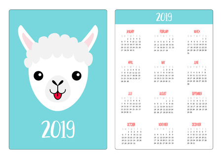 Llama alpaca face showing tongue. Simple pocket calendar layout 2019 new year. Week starts Sunday. Cute cartoon character. Vertical orientation. Flat design. Blue background. Vector illustrationのイラスト素材