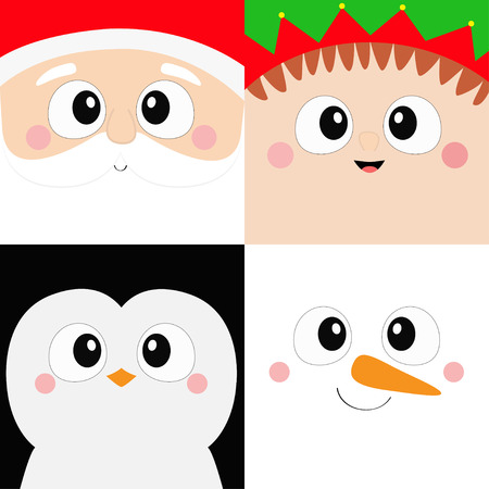 Santa Claus Elf Penguin bird Snowman square face head icon set. Merry Christmas. New Year. Cute cartoon funny spooky baby character. Greeting card. Flat design Winter background. Vector illustrationのイラスト素材