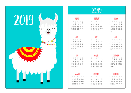 Cute llama alpaca standing smiling. Simple pocket calendar layout 2019 new year. Week starts Sunday. Vertical orientation. Cartoon kawaii funny baby character. Flat design. Blue background. Vectorのイラスト素材