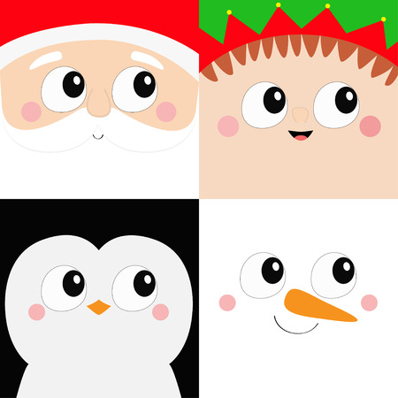 Santa Claus Elf Snowman Penguin bird square face head icon set. Merry Christmas. New Year. Cute cartoon funny spooky baby character. Greeting card. Flat design Winter background. Vector illustrationのイラスト素材