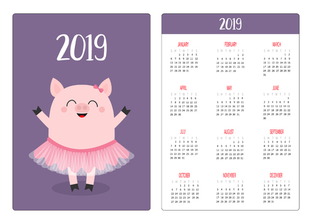 Cute pig piggy ballerina. Ballet dancer. Simple pocket calendar layout 2019 new year. Week starts Sunday. Cartoon character. Vertical orientation. Flat design. Violet background. Vector illustrationのイラスト素材
