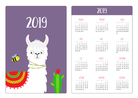 Cute alpaca llama and bee, cactus. Simple pocket calendar layout 2019 new year. Week starts Sunday. Vertical orientation. Cartoon kawaii funny baby character. Flat design. Violet background. Vectorのイラスト素材