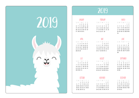 Alpaca llama smiling tooth. Simple pocket calendar layout 2019 new year. Week starts Sunday. Vertical orientation. Cute cartoon kawaii funny baby character. Flat design. Blue background. Vectorのイラスト素材