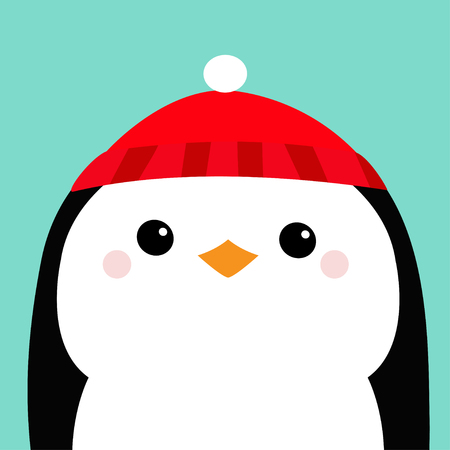 Penguin head face. Red hat. Merry Christmas. Happy New Year. Cute cartoon kawaii baby character. Arctic animal. Flat design. Hello winter. Blue background. Vector illustrationのイラスト素材