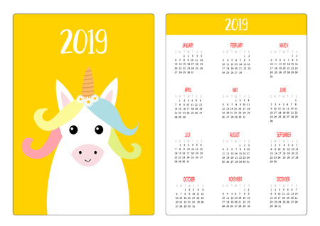 Cute unicorn animal head face. Simple pocket calendar layout 2019 new year. Week starts Sunday. Cartoon character. Vertical orientation. Flat design. Yellow background. Vector illustrationのイラスト素材
