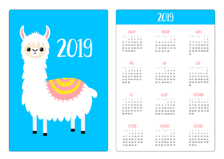 Cute alpaca llama. Simple pocket calendar layout 2019 new year. Vertical orientation. Week starts Sunday. Cartoon funny kawaii baby character. Flat design. Blue background. Vector illustrationのイラスト素材