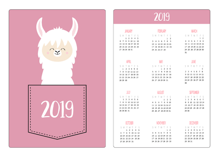 Cute llama alpaca face head in the pocket. Simple calendar layout 2019 new year. Vertical orientation. Week starts Sunday. Cartoon kawaii funny baby character. Flat design. Pink background. Vectorのイラスト素材
