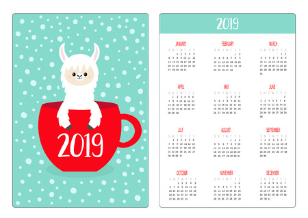 Cute llama alpaca face. Red coffee tea cup. Pocket calendar layout 2019 new year. Vertical orientation. Week starts Sunday. Cartoon kawaii funny baby character. Flat design Blue snow background Vectorのイラスト素材