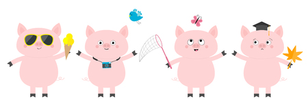 Pig piglet set. Sun glasses. Icecream. Bird, butterfly, hat leaf. Cute funny cartoon animal character. Flat design White background. Isolated. Vector illustrationのイラスト素材