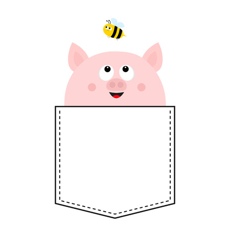 Pig face head in the pocket. Flying bee. Cute cartoon animals. Piggy piglet character. Dash line. White and black color. T-shirt design. Baby background. Isolated. Flat design. Vector illustrationのイラスト素材