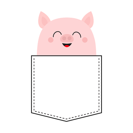 Cute smiling pig in the pocket. Happy face. Cartoon animals. Piggy piglet character. Dash line. Animal collection. White and black color. T-shirt design. Baby background. Isolated. Flat design. Vectorのイラスト素材
