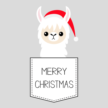 Merry Christmas. Llama alpaca sitting in the pocket. Santa Claus hat. Face and hands. Cute cartoon character. Hello winter. Happy New Year. Gray background. Flat design. Vector illustrationのイラスト素材