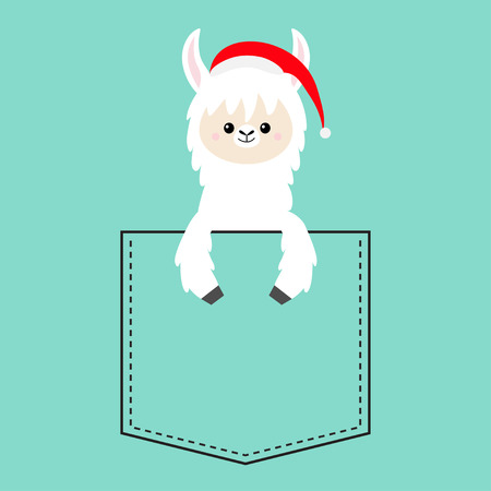 Alpaca llama sitting in the pocket. Santa Claus hat. Face and hands. Cute cartoon character. Hello winter. Merry Christmas. Happy New Year. Blue background. Flat design. Vector illustrationのイラスト素材