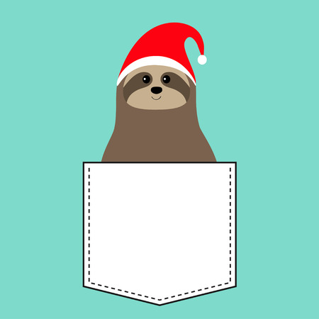 Sloth sitting in the pocket, Red Santa Claus hat. Cute cartoon funny kawaii character. Merry Christmas. Happy New Year. T-shirt, greeting card, poster print. Flat design. Blue background. Vectorのイラスト素材