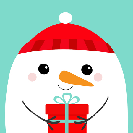 Snowman head face holding gift box. Red hat. Merry Christmas. Happy New Year. Cute cartoon kawaii baby character. Funny animal. Flat design. Hello winter. Blue background. Vector illustrationのイラスト素材