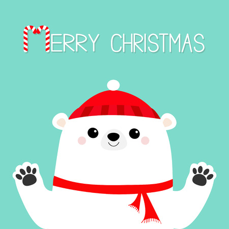 Merry Christmas. White polar bear holding hands paw print. Red winter scarf, hat. Cute cartoon funny kawaii baby character. Happy New Year. Flat design. Blue background. Greeting card. Vectorのイラスト素材