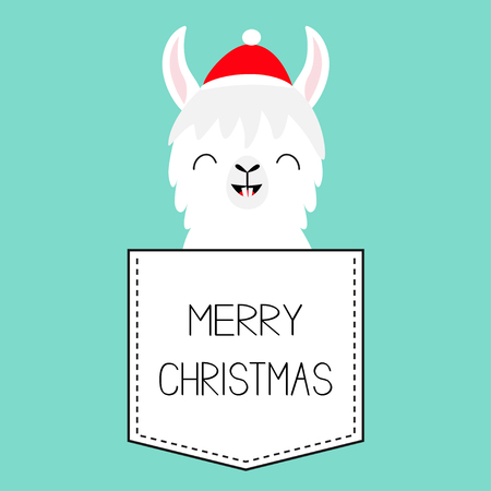 Merry Christmas. Llama alpaca sitting in the pocket. Santa Claus hat. Face with tooth. Cute cartoon character. Hello winter. Happy New Year. Blue background. Flat design. Vector illustrationのイラスト素材
