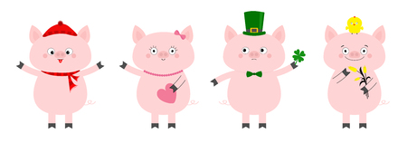 Pig piglet set. Winter hat, scarf, pink heart, Patrick clover, chicken, tulip. Cute funny cartoon animal character. Flat design White background. Isolated. Vector illustrationのイラスト素材