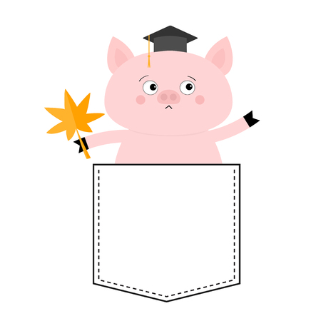 Pig face head in the pocket. Hat, maple leaf. Cute cartoon animals. Piggy piglet character. Dash line. White and black color. T-shirt design. Baby background. Isolated. Flat design Vector illustrationのイラスト素材