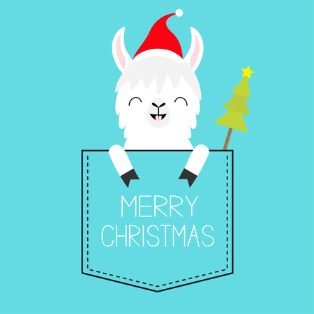 Merry Christmas. Alpaca llama sitting in the pocket. Santa hat. Fir tree. Face and hands. Happy New Year. Cute cartoon character. Hello winter. Blue background. Flat design. Vector illustrationのイラスト素材