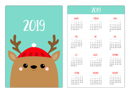 Raindeer deer head face. Red hat, horns. Simple pocket calendar layout 2019 new year. Week starts Sunday. Cartoon character. Vertical orientation. Flat design. Blue background. Vector illustrationのイラスト素材