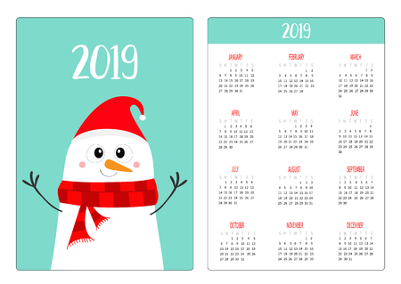 Snowman wearing red Santa Claus hat and scarf. Simple pocket calendar layout 2019 new year. Week starts Sunday. Cartoon character. Vertical orientation. Flat design Blue background Vector illustrationのイラスト素材