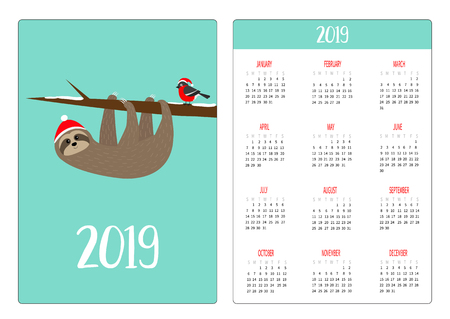 Cute sloth, bulfinch on branch. Red Santa hat. Simple pocket calendar layout 2019 new year. Week starts Sunday. Cartoon character. Vertical orientation. Flat design Blue background Vector illustrationのイラスト素材