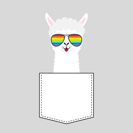 Alpaca llama face head in the pocket. Rainbow glasses. Cute cartoon animals. Kawaii character. Dash line. White and black color. T-shirt design. Baby gray background. Flat design. Vectorのイラスト素材