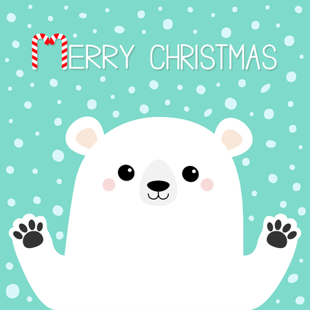 Merry Christmas. White polar bear holding hands paw print. Cute cartoon funny kawaii baby character. Happy New Year. Greeting Card. Flat design. Greeting card. Blue snow background Vector illustrationのイラスト素材