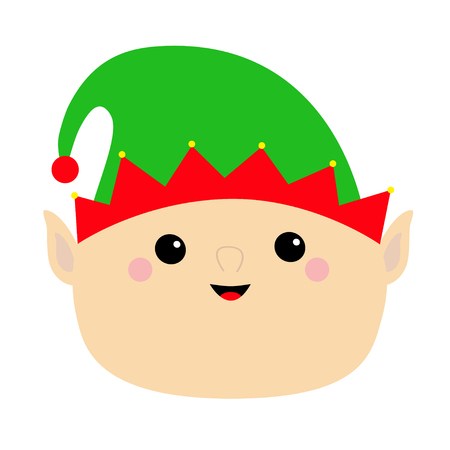 Santa Claus Elf round face head icon. Green hat. Merry Christmas. New Year. Cute cartoon funny kawaii baby character. Greeting card. Flat design White background. Vector illustrationのイラスト素材