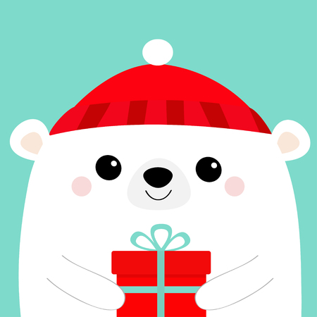 White polar bear head face holding gift box. Red hat. Merry Christmas. Happy New Year. Cute cartoon kawaii baby character. Funny animal. Flat design. Hello winter. Blue background. Vector illustrationのイラスト素材