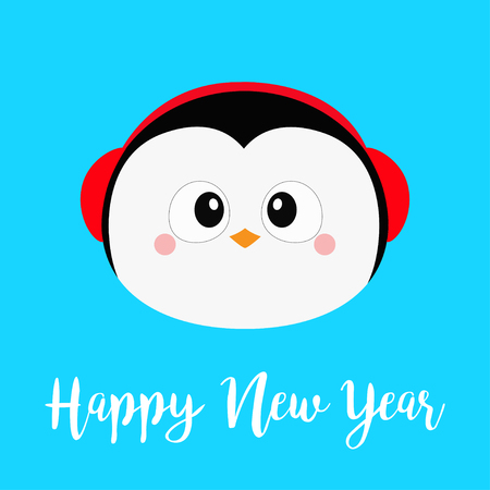 Happy New Year. Penguin round head face icon. Red headphones hat. Merry Christmas. Cute cartoon kawaii baby character. Arctic animal. Flat design. Hello winter. Blue background. Vector illustrationのイラスト素材